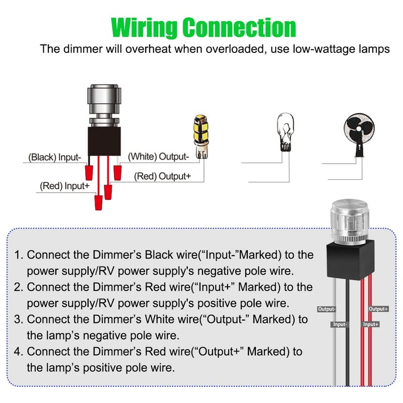 Greenclick 12V DC Dimmer Switch, 5-24 Volts Dimmer Switch PWM Waterproof for LED RV Lights Interior, Ceiling Lights, Halogen, Incandescent, Auto, Truck, Marine, Strip Lighting - Long Shaft - Image 5